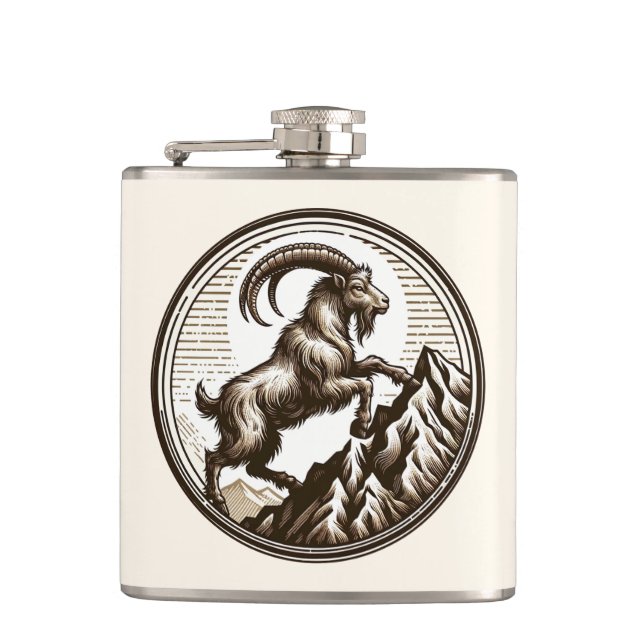 Climbing Mountain Goat Capricorn Birthday Zodiac Flask (Front)
