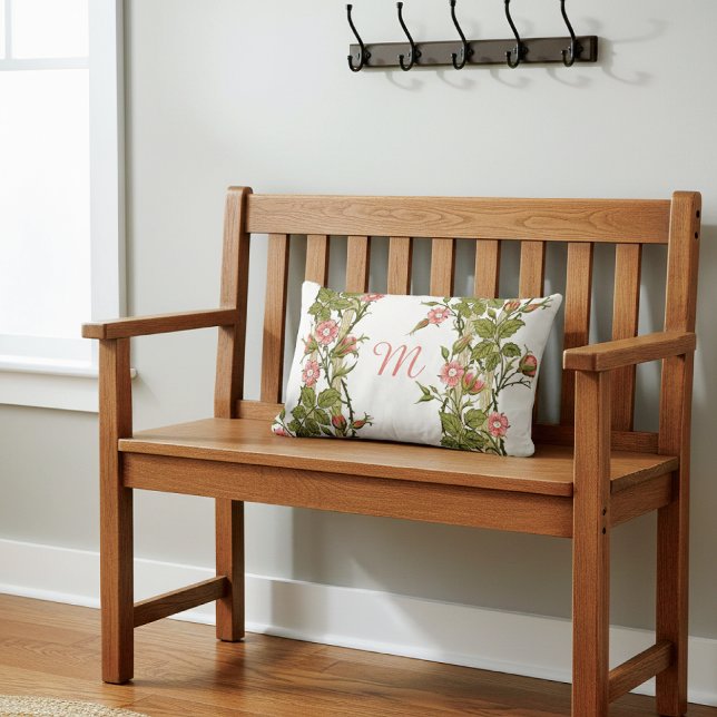Climbing Pink Roses Trellis Monogram Lumbar Pillow (Creator Uploaded)