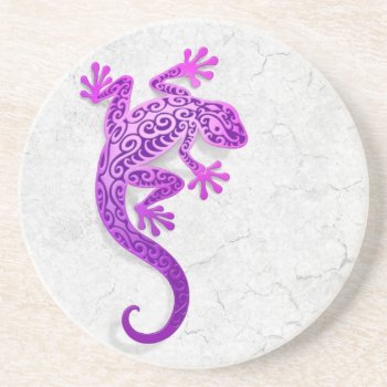 Climbing Purple Gecko On A White Wall Drink Coaster by JeffBartels at Zazzle