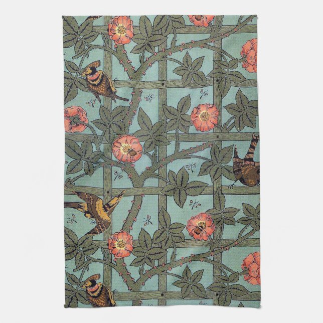 Climbing Rose & Small Bird, William Morris Kitchen Towel (Vertical)