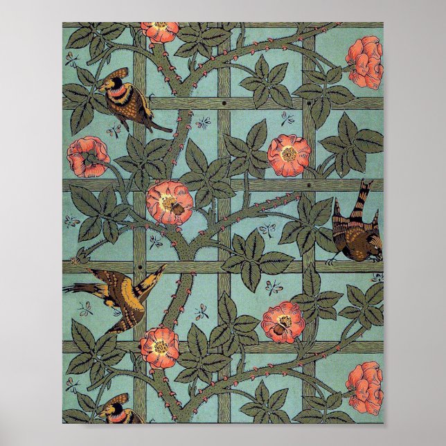 Climbing Rose & Small Bird, William Morris Poster (Front)