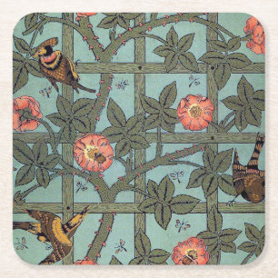 Climbing Rose & Small Bird, William Morris Square Paper Coaster