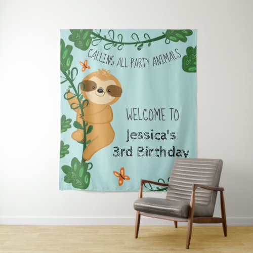 Climbing Sloth Jungle Birthday Party Tapestry