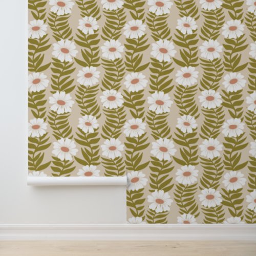 Climbing White Wavy Flower Stripe Wallpaper