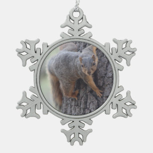 Clinging Squirrel Snowflake Pewter Christmas Ornament