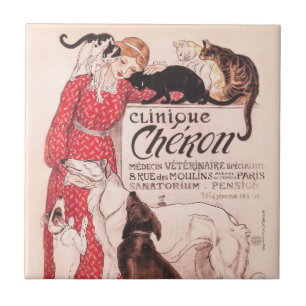 Clinique Cheron Vintage Dog Cat Steinlen Poster Ceramic Tile