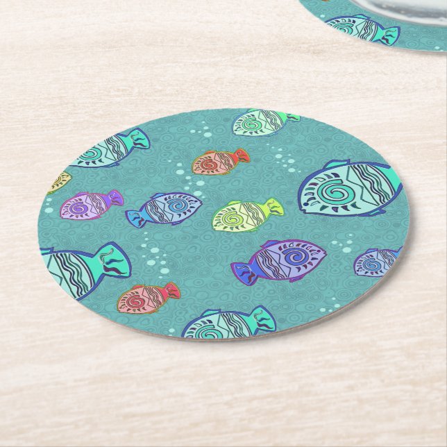 Clip Art Fish Pattern + your ideas Round Paper Coaster (Angled)