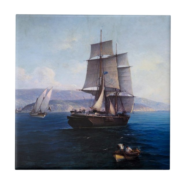 Clipper Sailing ship and Steamer 1900's Ceramic Tile (Front)