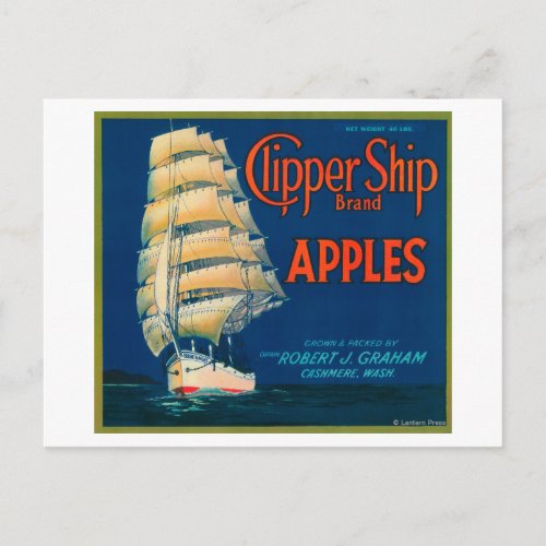 Clipper Ship Apple Label green _ Cashmere WA Postcard