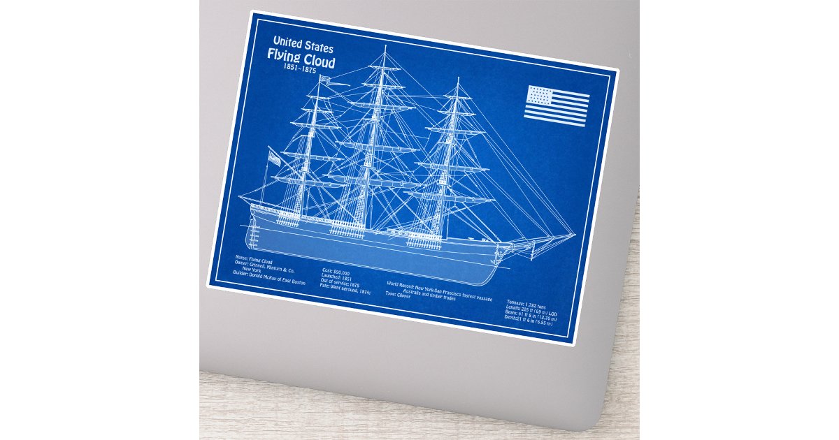 Clipper Ship Flying Cloud - Blueprint ABD Sticker | Zazzle