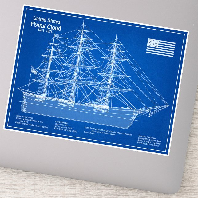 Clipper Ship Flying Cloud - Blueprint ABD Sticker (Clipper Ship Flying Cloud - Blueprint ABD. Sticker)