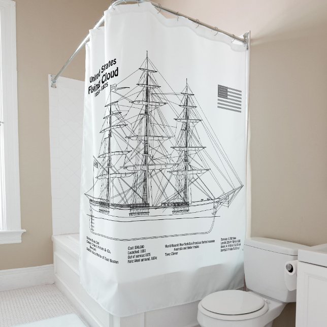 Clipper Ship Flying Cloud - Ship Blueprint BD Shower Curtain (Clipper Ship Flying Cloud - Ship Blueprint BD. Shower Curtain)