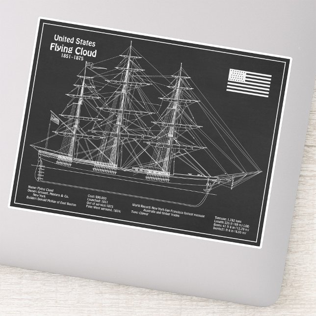 Clipper Ship Flying Cloud - Ship Blueprint PD Sticker (Clipper Ship Flying Cloud - Ship Blueprint PD. Sticker)