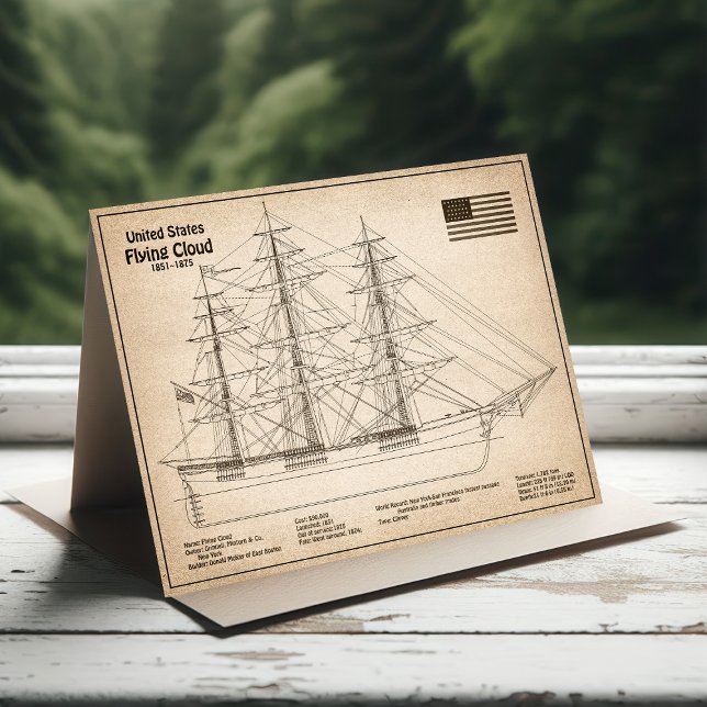 Clipper Ship Flying Cloud - Ship Blueprint SD Letterpress Thank You Card (Clipper Ship Flying Cloud - Ship Blueprint SD. Thank You Card)
