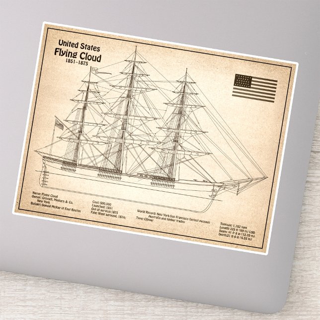 Clipper Ship Flying Cloud - Ship Blueprint SD Sticker (Clipper Ship Flying Cloud - Ship Blueprint SD. Sticker)