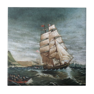 Clipper Ship in New York Harbor 1890 Ceramic Tile
