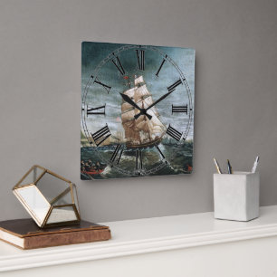 Clipper Ship in New York Harbor 1890 Square Wall Clock