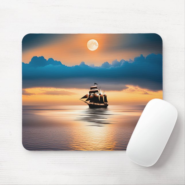 Clipper Ship On Moonlit Ocean Mouse Pad (With Mouse)