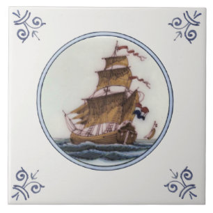 Clipper Ship Polychrome Delft Repro Antique Tile