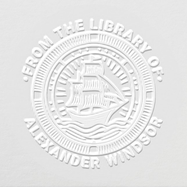 Clipper Ship Sailing Boat Round Library Book Name Embosser (Design)