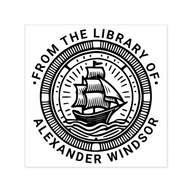 Clipper Ship Sailing Boat Round Library Book Name Self-inking Stamp (Design)