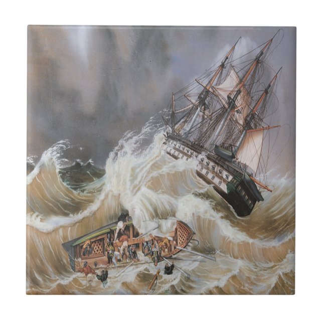 Clipper Ship Storm at Sea 1870s Ceramic Tile (Front)