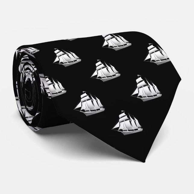 Clipper Ships On Black Neck Tie (Rolled)