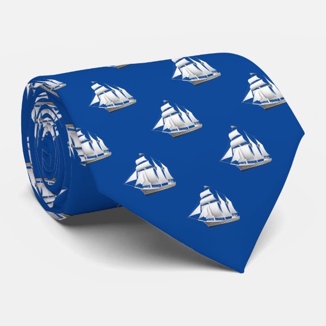 Clipper Ships On Blue Neck Tie (Rolled)
