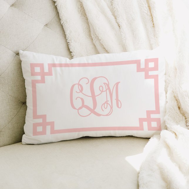 CLM Light Pink Greek Key Script Monogram Lumbar Pillow (Creator Uploaded)
