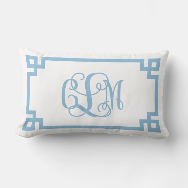 CLM Sky Blue Greek Key Script Monogram Lumbar Pillow