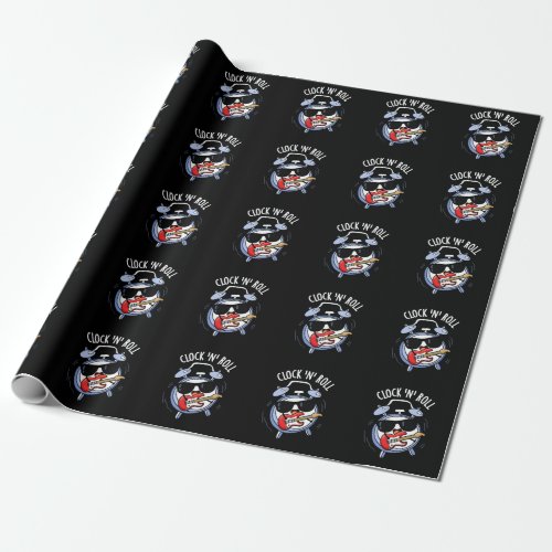 Clock And Roll Funny Rock Puns Dark BG Wrapping Paper