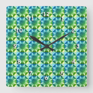 Clock - Blue and Green Quilt Pattern White Numbers