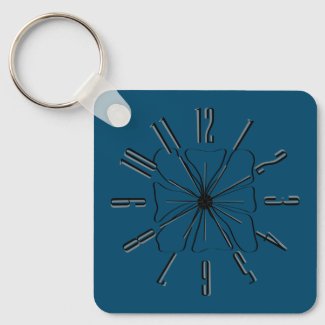 Clock & Floral Line Art Black & Grey on Ocean Blue