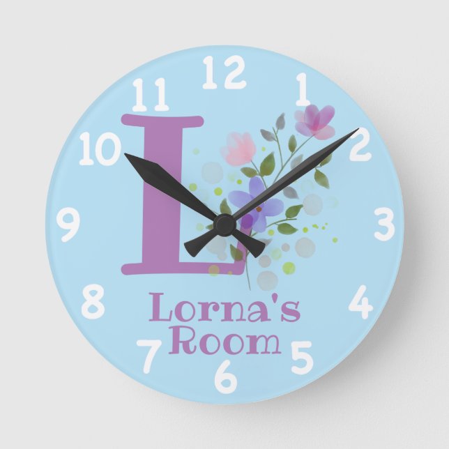 Clock in a Floral Design with Name Lorna & Initial (Front)