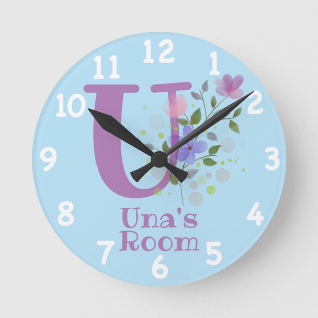 Clock in a Floral Design with Name Una & Initial (Front)