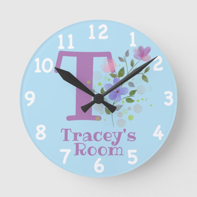 Clock in Floral Design with Name Tracey & Initial (Front)