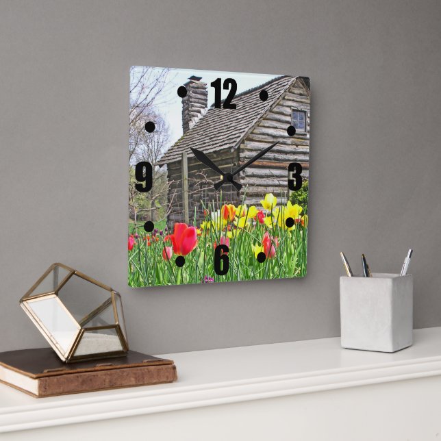 CLOCK/ "OLD LOG CABIN AND TULIPS" SQUARE WALL CLOCK (Office)