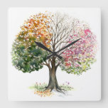 CLOCK SQ W/ 4 SEASON TREE WATERCOLOR ART