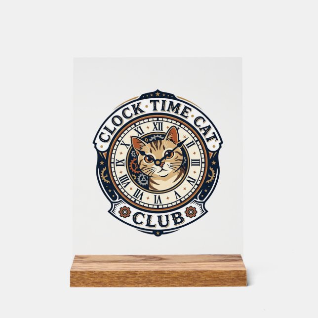 Clock Time Cat Cat Graphic Tee Art - Clock Time Ca Acrylic Sign (Front)