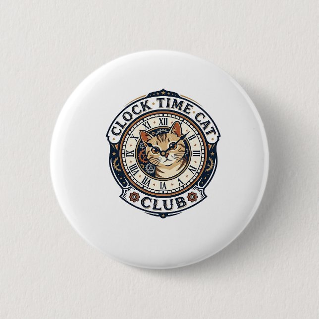 Clock Time Cat Cat Graphic Tee Art - Clock Time Ca Button (Front)