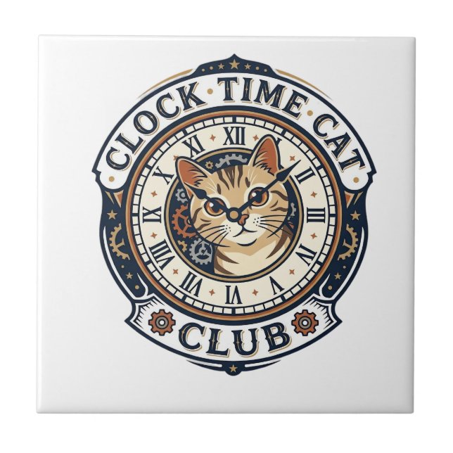 Clock Time Cat Cat Graphic Tee Art - Clock Time Ca Ceramic Tile (Front)
