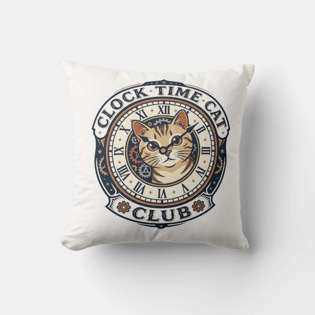 Clock Time Cat Cat Graphic Tee Art - Clock Time Ca Throw Pillow (Front)