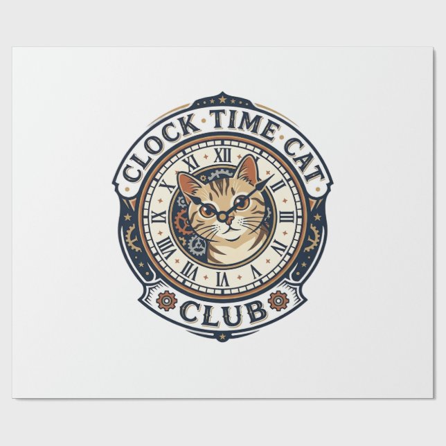 Clock Time Cat Cat Graphic Tee Art - Clock Time Ca Wrapping Paper (Flat)