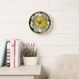 CLOCK/ WHITE PEONY WITH YELLOW CENTER.