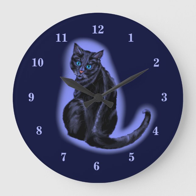 Clock with Blue Eyed Black Cat In The Dark Night (Front)
