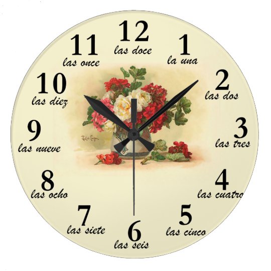 Clock with vintage image and numbers in Spanish