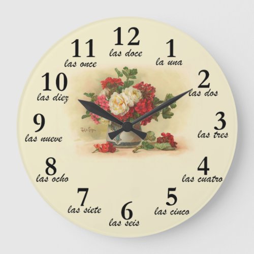 Clock with vintage image and numbers in Spanish