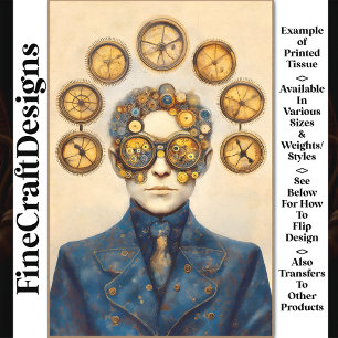 Clockpunk Steampunk Man, Blue & Gold Z7 Decoupage Tissue Paper