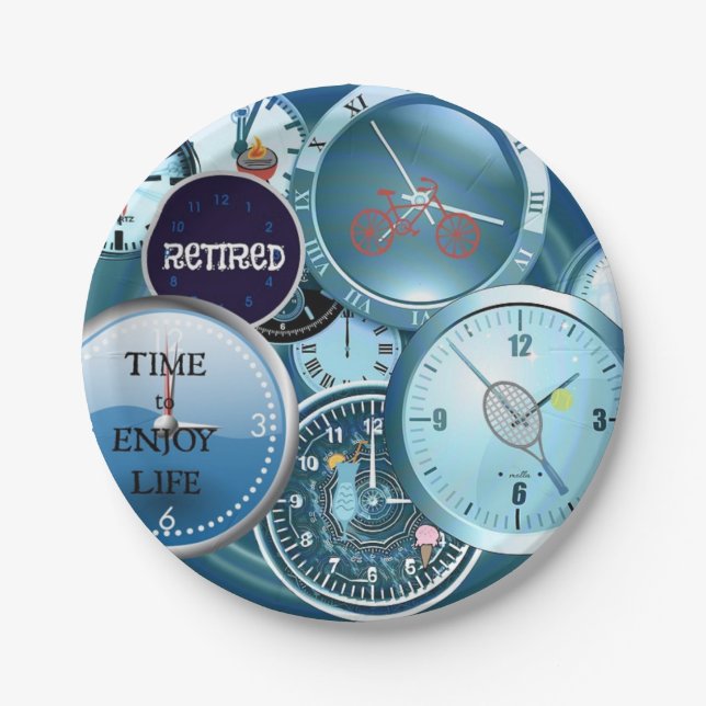 Clocks Galore: Retired...Time to Enjoy Life Paper Plates (Front)