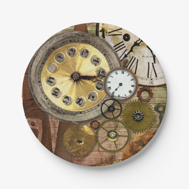Clocks Rusty Old Steampunk Art Paper Plates (Front)